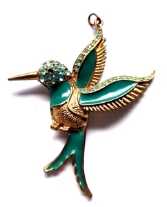 Vintage Kolibri Anhänger goldfarben und grün Emaille mit Strass - Bild 1 von 5