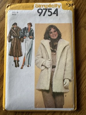 Vtg Simplicity 9754 Women's Coat Lined Jacket 3 Lengths Sew Pattern Sz 10 Fur - Image 1 of 4