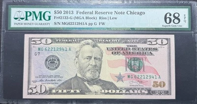 Billete de 50 dólares de la Reserva Federal Chicago Fr#2132-G 2013 S/N MG62212941A PMG 68 EPQ Foto 1 de 2