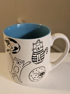 HAPPY WHISKERS WHIMSICAL COFFEE MUG - BLACK & WHITE CATS - Picture 1 of 4