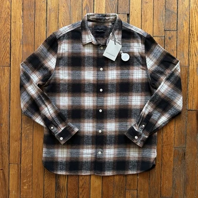 NUEVO CON ETIQUETAS Camisa All Saints Mercy Manga Larga Franela Botón Sombra Cuadros Hombres Grande Brn Foto 1 de 4