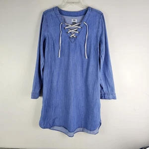 Old Navy Chambray Popover-Hemdblusenkleid zum Schnüren blau Baumwolle Freizeit Damen Large - Bild 1 von 8