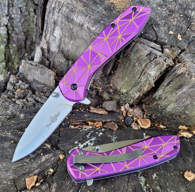 Navaja de Bolsillo 3D Púrpura Plata Punta Abajo Asistida por Resorte Pestaña con Aleta Foto 1 de 4