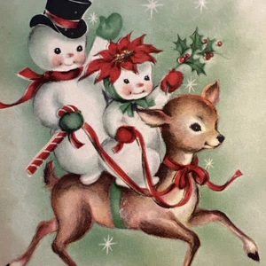Vintage Weihnachtskarte Schneemann NUR VORNE MCM Paar anthropomorpher Ritt Rehkitz - Bild 1 von 5