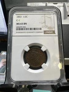 1853 BRAIDED HAIR HALF CENT NGC MS 65 BN - Picture 1 of 5