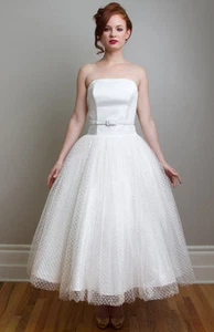 FANCY BRIDAL WEDDING GOWN DRESS 6 EMILY WHITE POLKA DOTS VINTAGE INSPIRED TEA - Picture 1 of 10