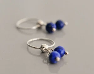 925 Solid Sterling Silver Ear Hoops Earrings Lapis Lazuli - Picture 1 of 5