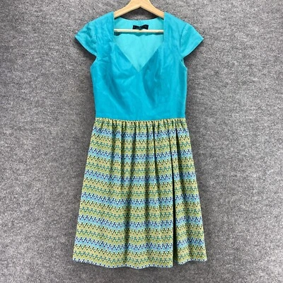 Vestido Aidan Mattox Mujer 6 Azul Rayas Funda Midi Cuello en V Manga Corta Informal Foto 1 de 4