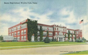 Vintage Postkarte Texas TX Wichita Falls Senior High School Leinen amerikanische Flagge - Bild 1 von 2