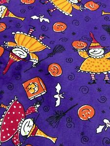 Cotton Flannel Halloween Witches Costumes Pumpkins Bats on Purple 3.75Y x 42"W