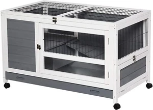 PawHut Wooden Rabbit Hutch Elevated Pet Bunny House Cage Grey White - Picture 1 of 9