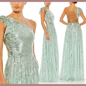 NWT $598 Mac Duggal [ 4 ] Sequined One Shoulder A Line Gown Pistachio Q680 - Picture 1 of 18