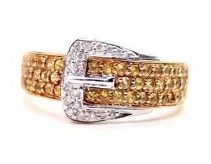 M.CHRISTOFF 14K YELLOW GOLD BELT BUCKLE RING WITH YELLOW SAPPHIRES & DIAMONDS. - Picture 1 of 12