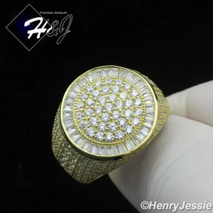 MEN 925 STERLING SILVER ICY BLING CZ GOLD PLATED/SILVER 3D ROUND RING*SR200 - Picture 1 of 10