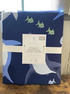 Pottery Barn Kids Shark Bite Organic Reversible TWIN Duvet Cover ONLY NWT - Picture 1 of 9