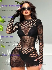 Schwarz Netz Löcher Ärmel Minikleid Bodystockings Nacht Junggesellinnenabschied Kleidung, YD5042 - Bild 1 von 6