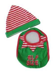 MERRY BRITE Unisex  INFANT BABY " ELF SIZE " Red Green BIB And Matching Hat Set - Picture 1 of 3