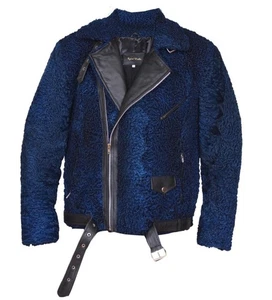 Navy Blue 100% Real Persian Lamb Fur Biker Jacket Coat All sizes Pre Sale - Picture 1 of 8