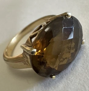 STUNNING Oval Smoky Quartz Gemstone 925 Sterling Silver Gold Plated Ring Size J - Picture 1 of 17