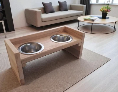 Futterbar Buche mit 2 Näpfen - Futterstation für Hund Katze - Napfhalter Massiv - Bild 1 von 4