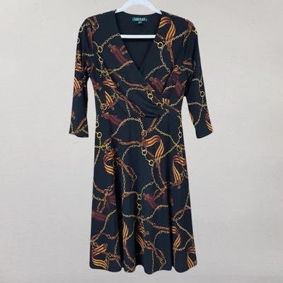 Lauren Ralph Lauren Dress Womens Petite 6P Surplice 3/4 Sleeves Belt Chain Print - Image 1 of 4
