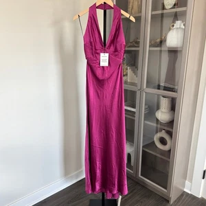 Reformation Daniela Seiden Maxikleid NEU 0 Hibiskus Tee V-Ausschnitt Neckholder Rosa Neu mit Etikett - Bild 1 von 7