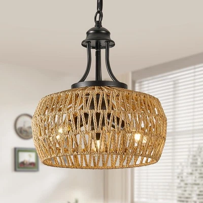 Lámpara de araña de ratán para comedor Lámpara boho de 3 luces con cuerda L... Foto 1 de 4