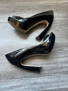 Miu Miu Black Patent Leather Curved Heel Open Toe Vernice Platform Pumps Size 38 - Picture 1 of 9