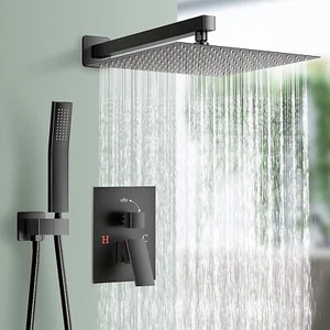 Black Shower Faucet Set Rain Shower System 8 Inch Head Combo with Handheld Spray - Picture 1 of 10