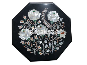 Black Marble Octagon Side Table Mother of Pearl Inlay Beautiful Work Decor H3510 - Picture 1 of 4
