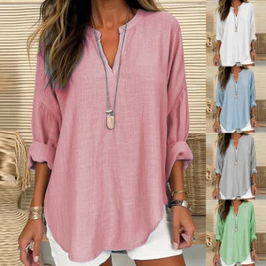 Womens Long Sleeve Solid Pullover Blouse Top Ladies Loose V Neck Pleated T-Shirt - Picture 1 of 27