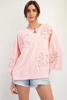 Easel Women's Flower Patch Mineral Washed 3/4 Sleeve Knit Top in Blush Pink - Image 1 of 4