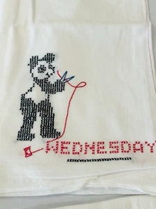 Vtg Embroidery Hand Stitch Kitchen Dish Towel Day of the Week Wednesday - Panda - Picture 1 of 2