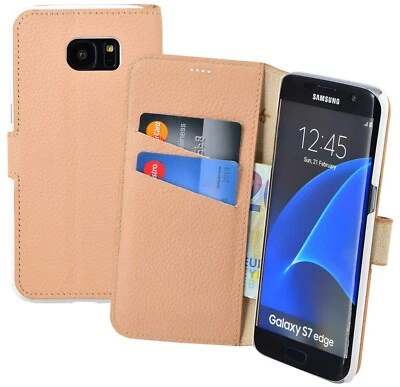 Samsung Galaxy S7 Bordo Custodia IN Pelle a Libro Stile Copertura Wallet Beige - Immagine 1 di 4