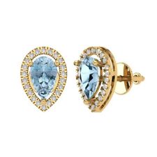 2.72Ct Pear Halo Studs Natural Sky Blue Topaz yellow Gold Earrings Screw back