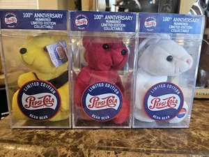 PEPSI COLA 100th Anniversary Limited Edition Bean Bear- Bunny & 2 Bears W Cases - Picture 1 of 4