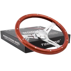 🔥380mm 15" 6 Hole Chrome Dark Steering Wheel Real Wood Riveted Grip w/ Horn🔥 - Picture 1 of 7
