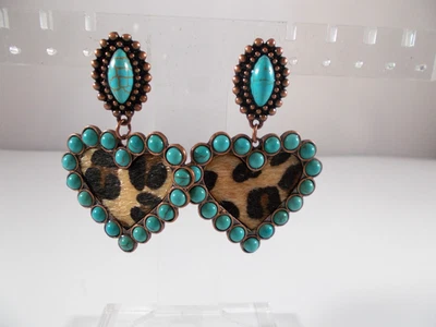 Copper Heart Shape Dangle Post Earrings Turquoise Bead & Leopard Print Free Ship - Image 1 of 4