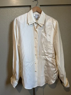 Blusa Bob Mackie Vintage Seda Bordada Cachemira Marfil Manga Larga Top -Talla 8 Foto 1 de 4