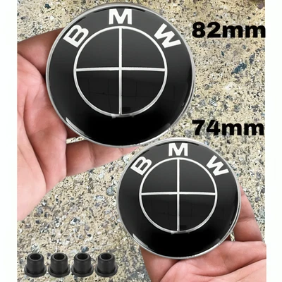 2x Fits For Bmw 82mm + 74mm Black & Silver Front And Rear Badges 2 Pin UK - Image 1 of 3