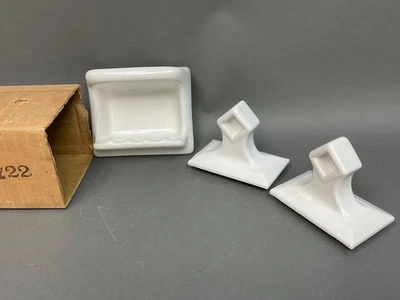 Vintage Set White Porcelain Bathroom Fixtures Towel Bar Mounts & Soap holder NOS - Image 1 of 4