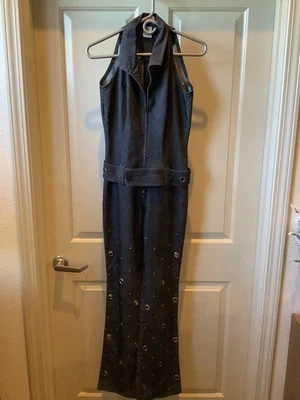 Vintage Jordache Halter Style Grey/Black Denim Jumpsuit- unique metal cut outs - Image 1 of 4