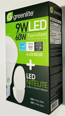 #1 4x9W LED Light Bulb+LED NITELITE GREENLITE  A19 60W Equivalent 3000K 800 Lmn - Image 1 of 4