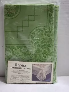 NEW VINTAGE LARGE VINYL GREEN LACE CUTWORK ART DECO TABLECLOTH 60"X106" BANQUET - Picture 1 of 6
