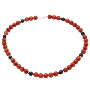 Collar De Coral Y Ónix Y Plata De 925, Rojo Negro, Collar Para Mujeres - Imagen 1 de 5
