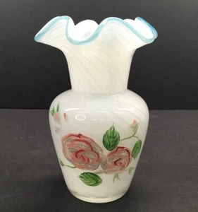 Hand Painted Hand Blown White Opalescent Blue Crest Ruffled Vase Art Glass - Picture 1 of 5