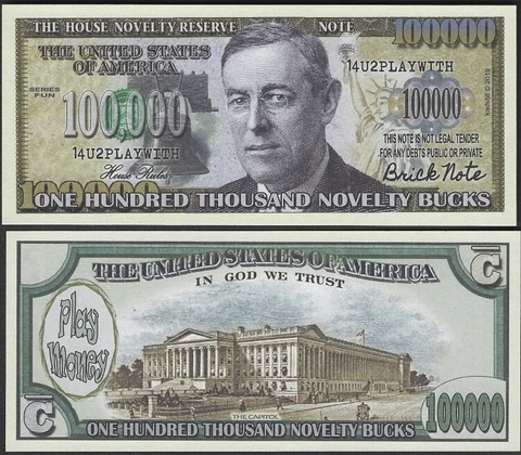 $100,000 Dollar Bill Play Funny Money House Reserve Novelty Note + FREE SLEEVE Cover