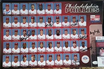 2003 Autograph Phillies 11x17 Poster Multi Signed Rollins Myers Wolf Bowa + JSA - Image 1 of 4
