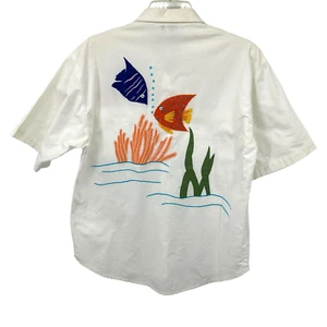 KSA Sport Du Monde Womens Large Short Sleeve Tropical Fish Embroidered Shirt Vtg - Picture 1 of 14