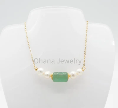 Collar de eslabones ovalados de 18" de perlas de agua dulce de cobre jade verde natural - 4 perlas Foto 1 de 3